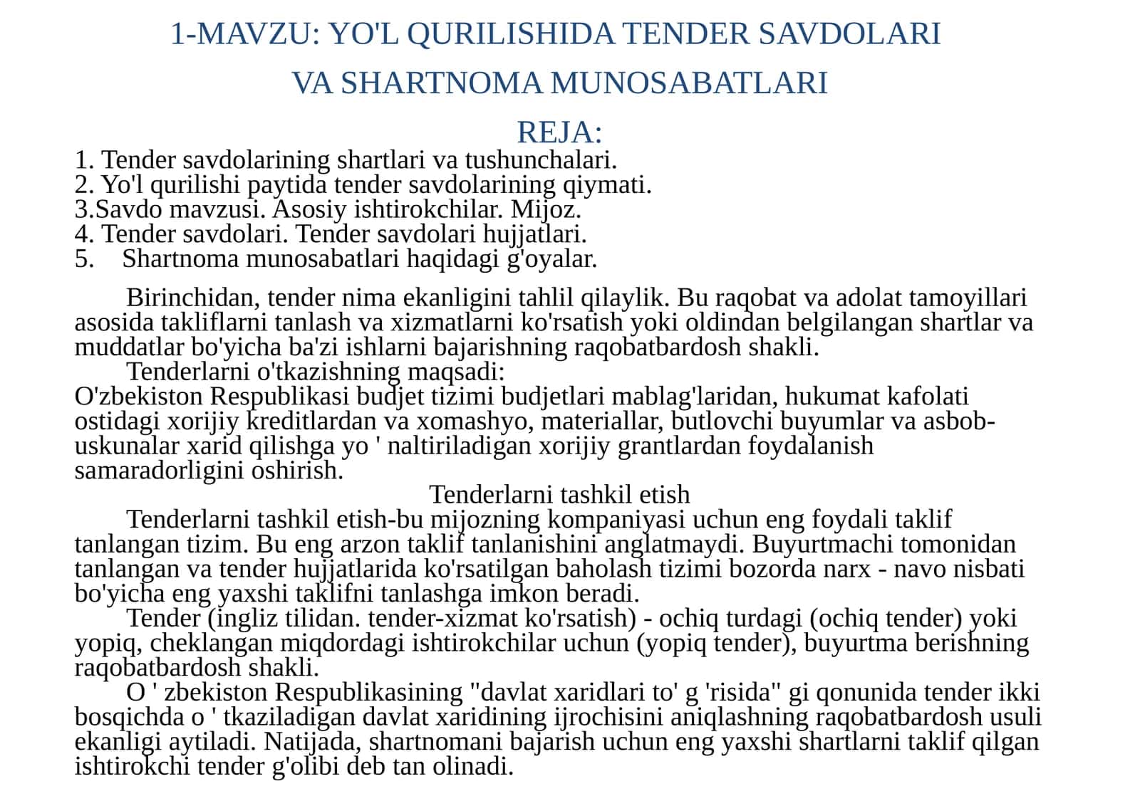 YO'L QURILISHIDA TENDER SAVDOLARI VASHARTNOMA MUNOSABATLARI