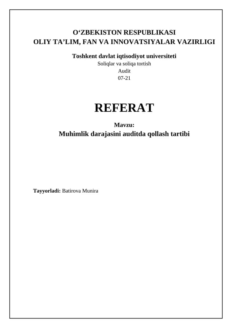 Muhimlik darajasini auditda qollash tartibi