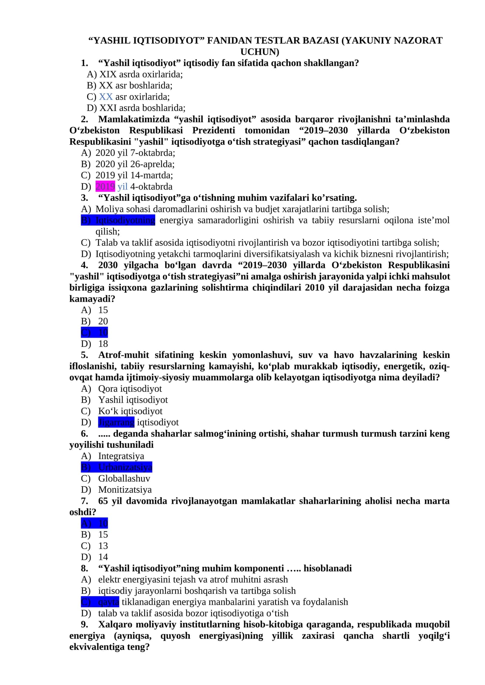 “YASHIL IQTISODIYOT” FANIDAN TESTLAR BAZASI (YAKUNIY NAZORAT UCHUN)