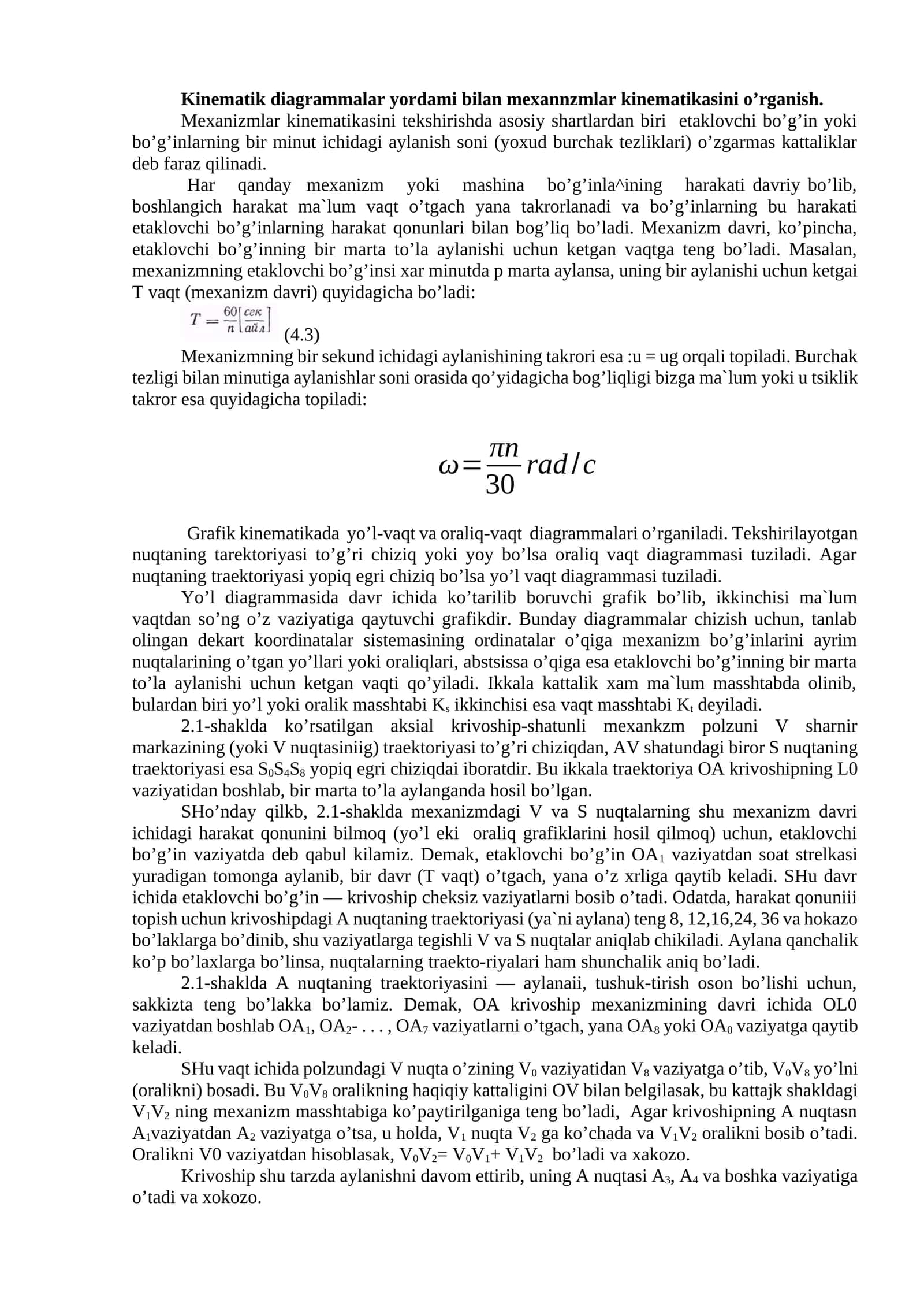 Kinematik diagrammalar yordami bilan mexannzmlar kinematikasini o’rganish