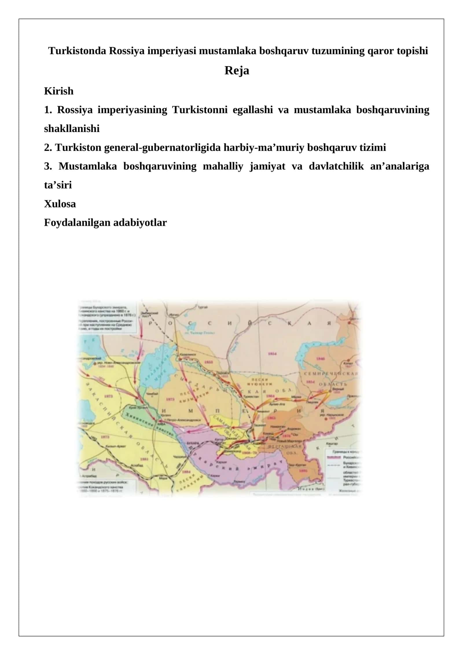 Turkistonda Rossiya imperiyasi mustamlaka boshqaruv tuzumining qaror topishi.