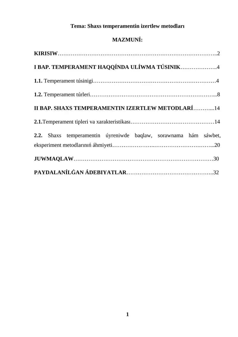 KURS JUMISI SHAXS TEMPERAMENTIN IZERTLEW METODLARI