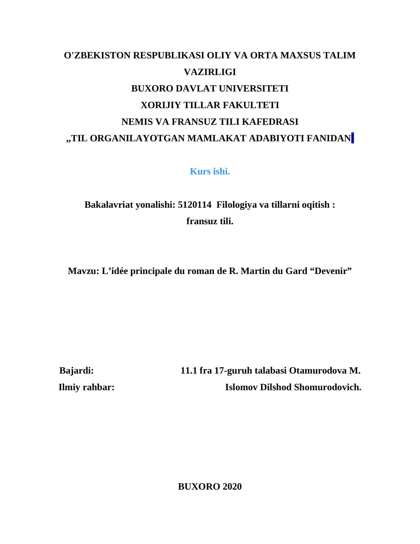 L’idée principale du roman de R. Martin du Gard “Devenir” 1
