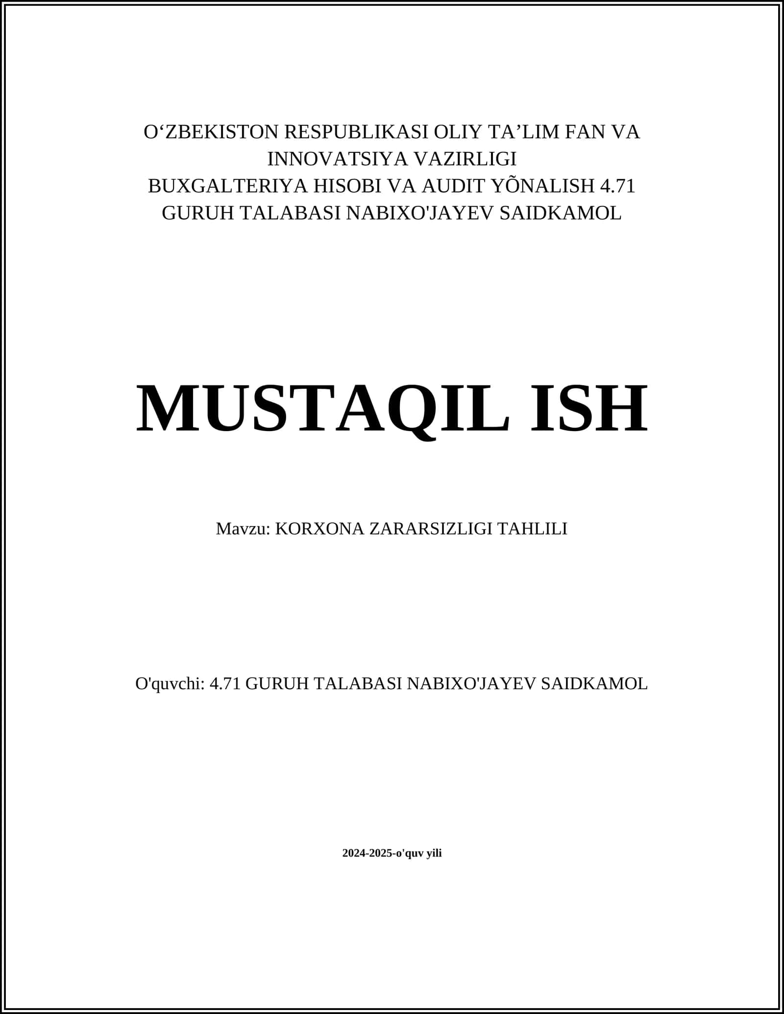 KORXONA ZARARSIZLIGI TAHLILI