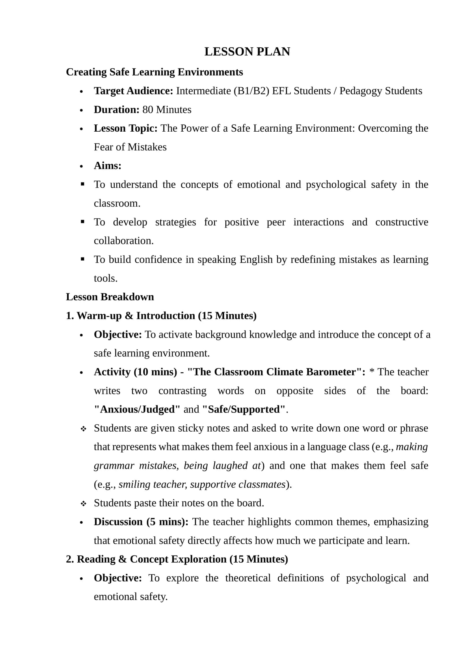 Lesson Plan: Creating Safe Learning Environments