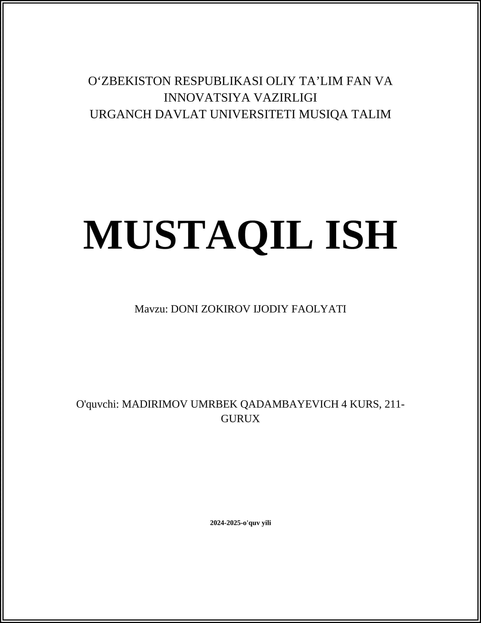 DONI ZOKIROV IJODIY FAOLYATI