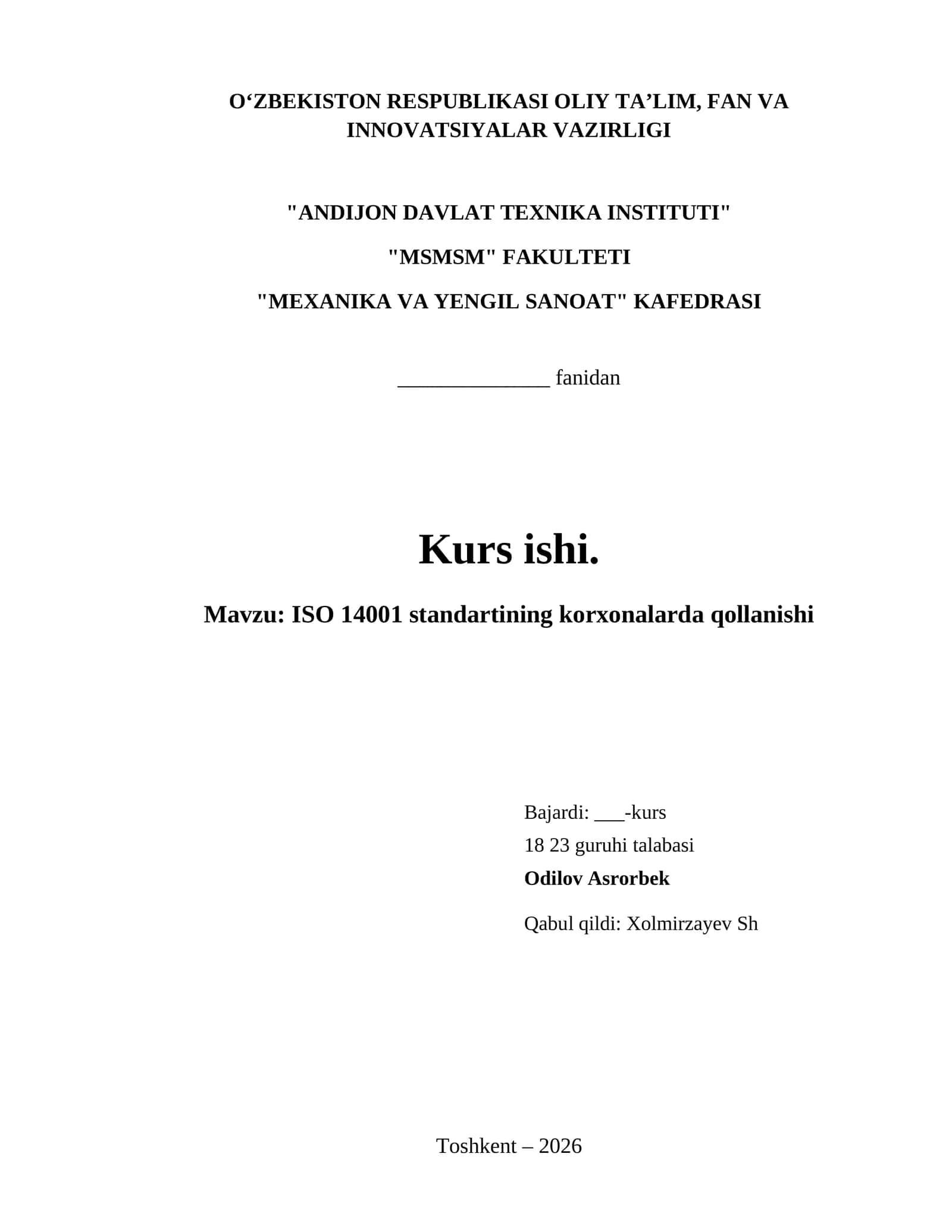 ISO 14001 standartining korxonalarda qollanishi