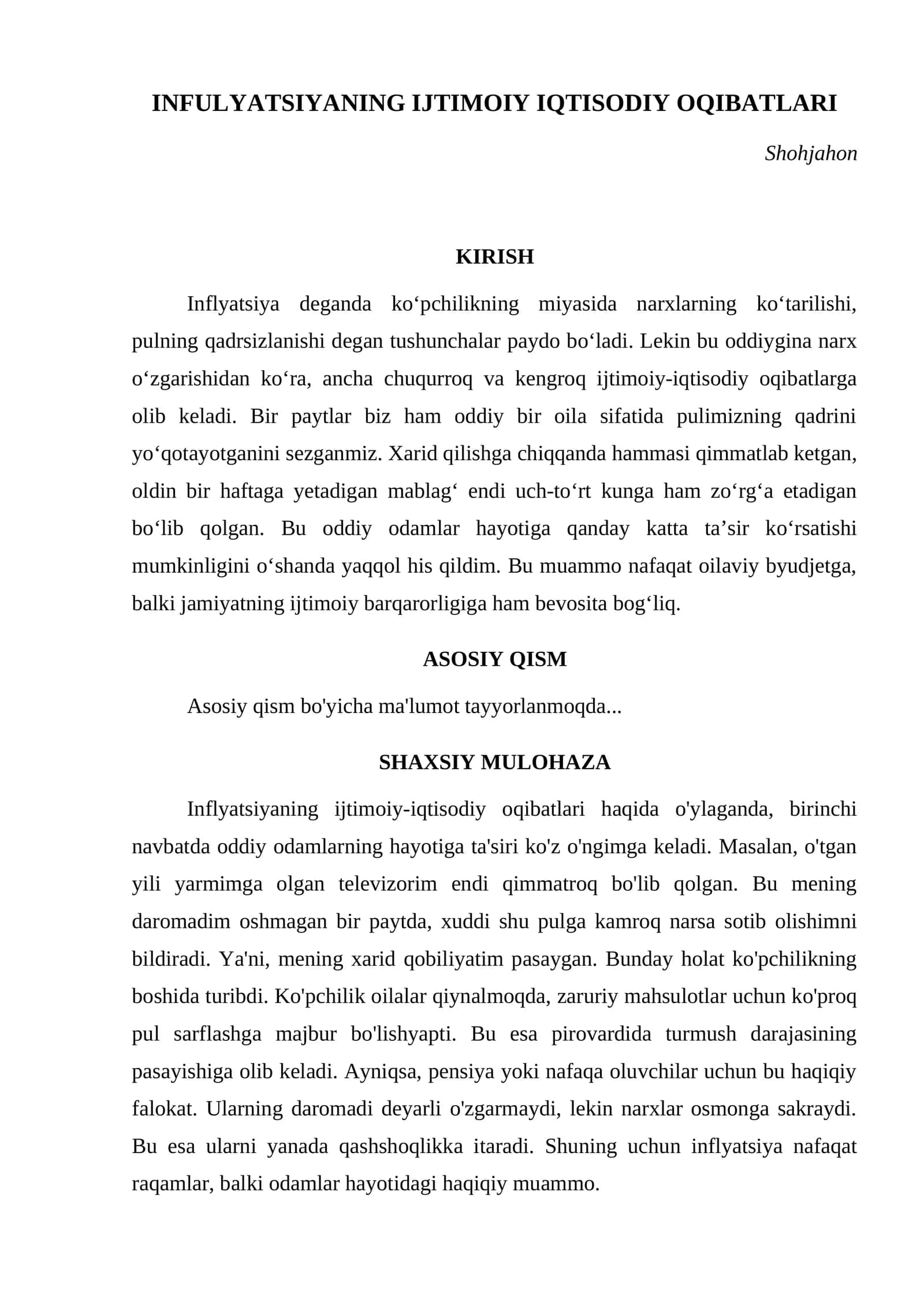 INFULYATSIYANING IJTIMOIY IQTISODIY OQIBATLARI