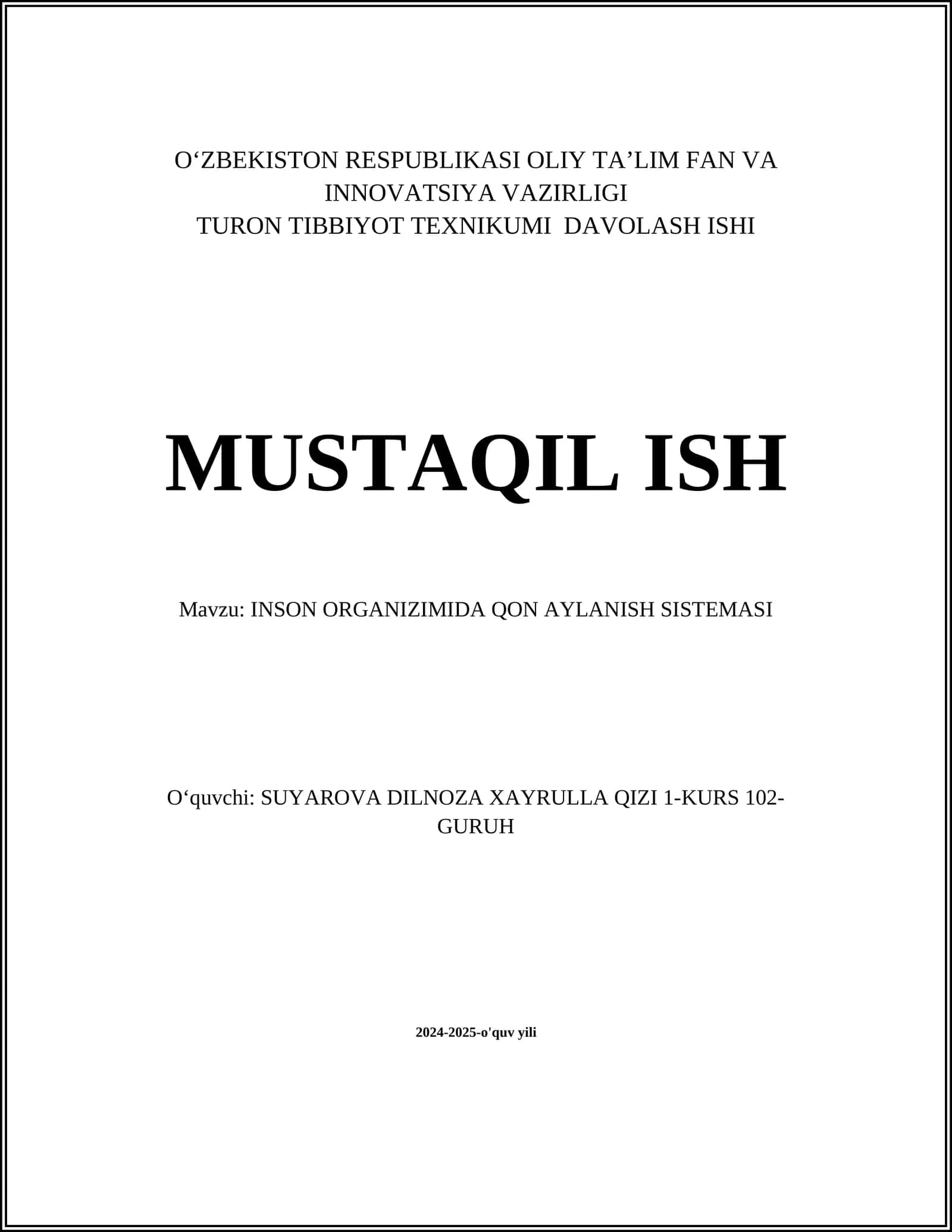 INSON ORGANIZIMIDA QON AYLANISH SISTEMASI