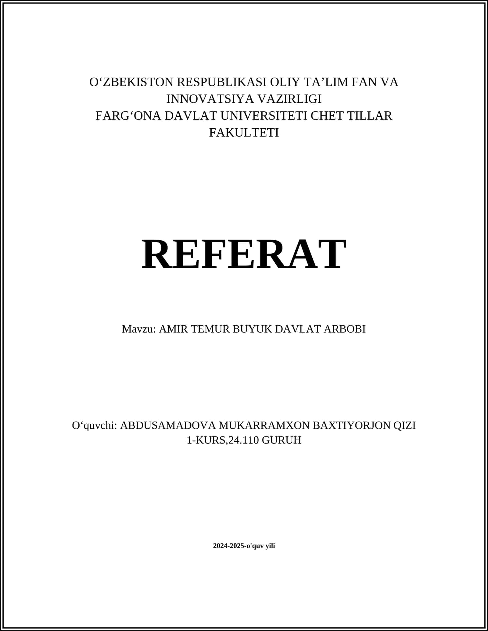 AMIR TEMUR BUYUK DAVLAT ARBOBI
