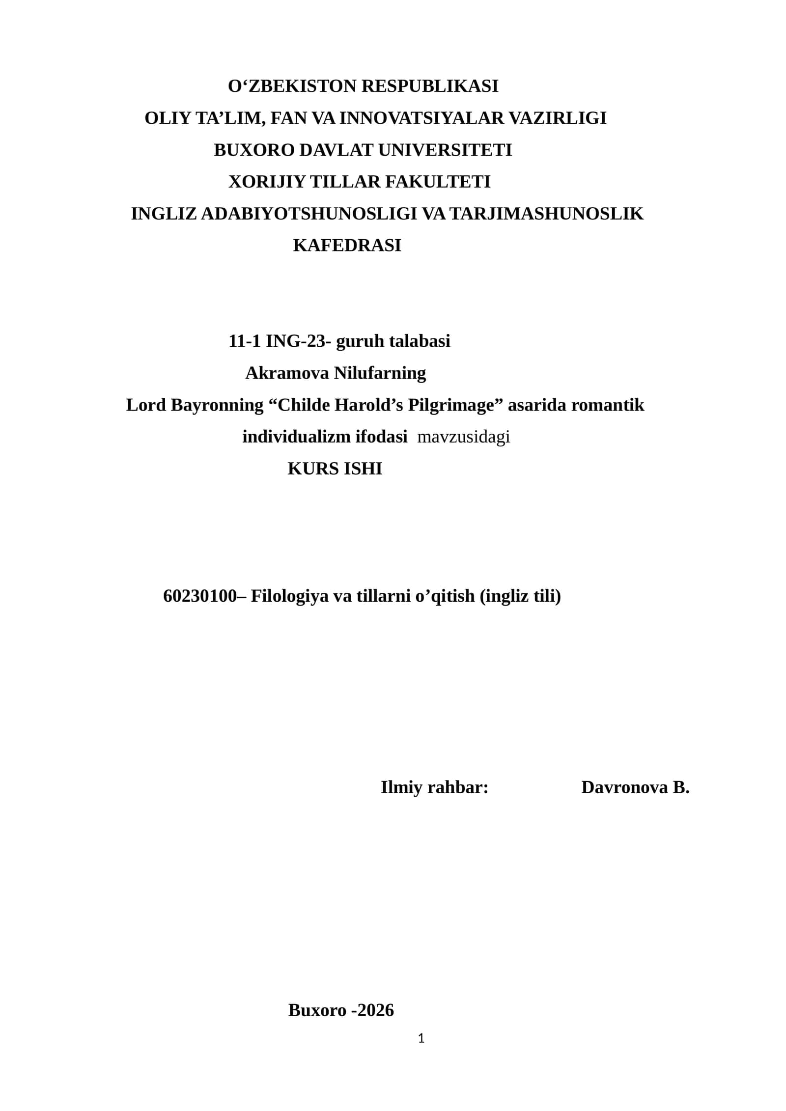 Lord Bayronning “Childe Harold’s Pilgrimage” asarida romantik individualizm ifodasi mavzusidagi KURS ISHI