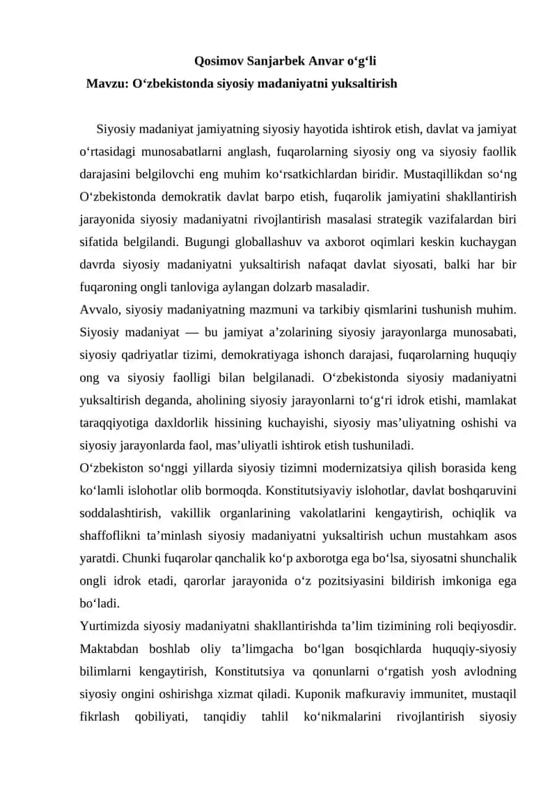 Oʻzbekistonda siyosiy madaniyatni yuksaltirish