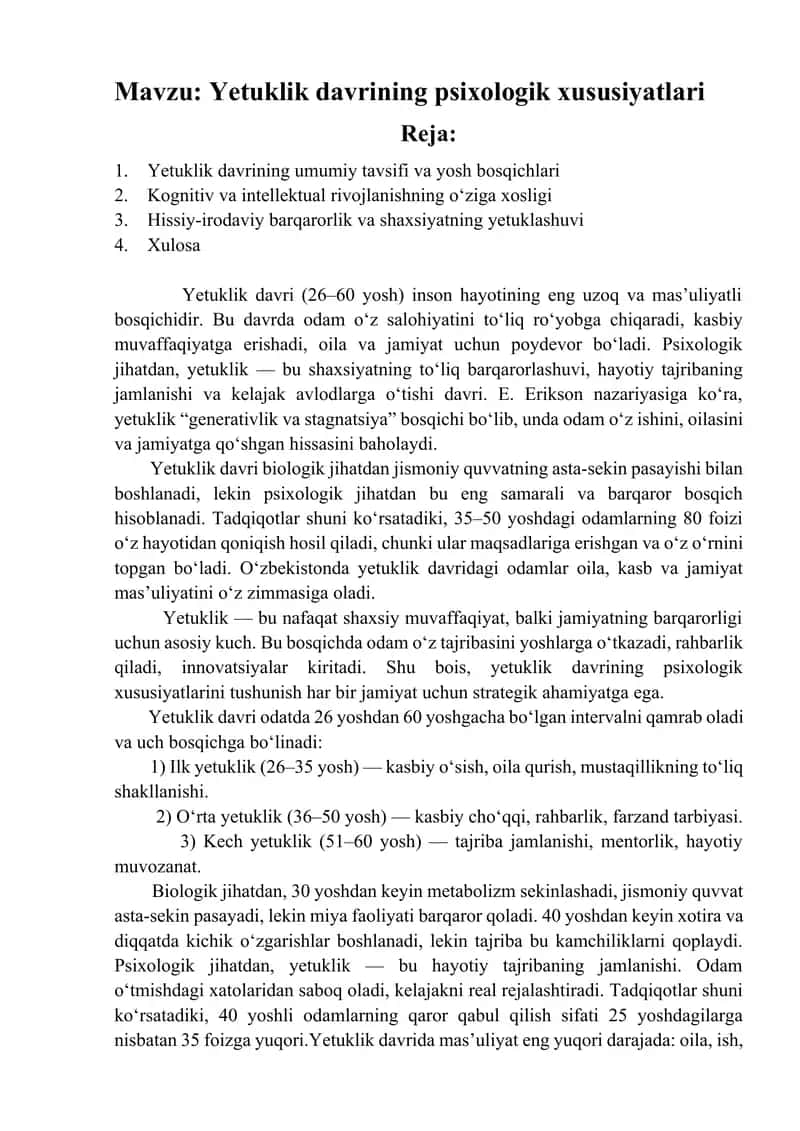 Yetuklik davrining psixologik xususiyatlari.