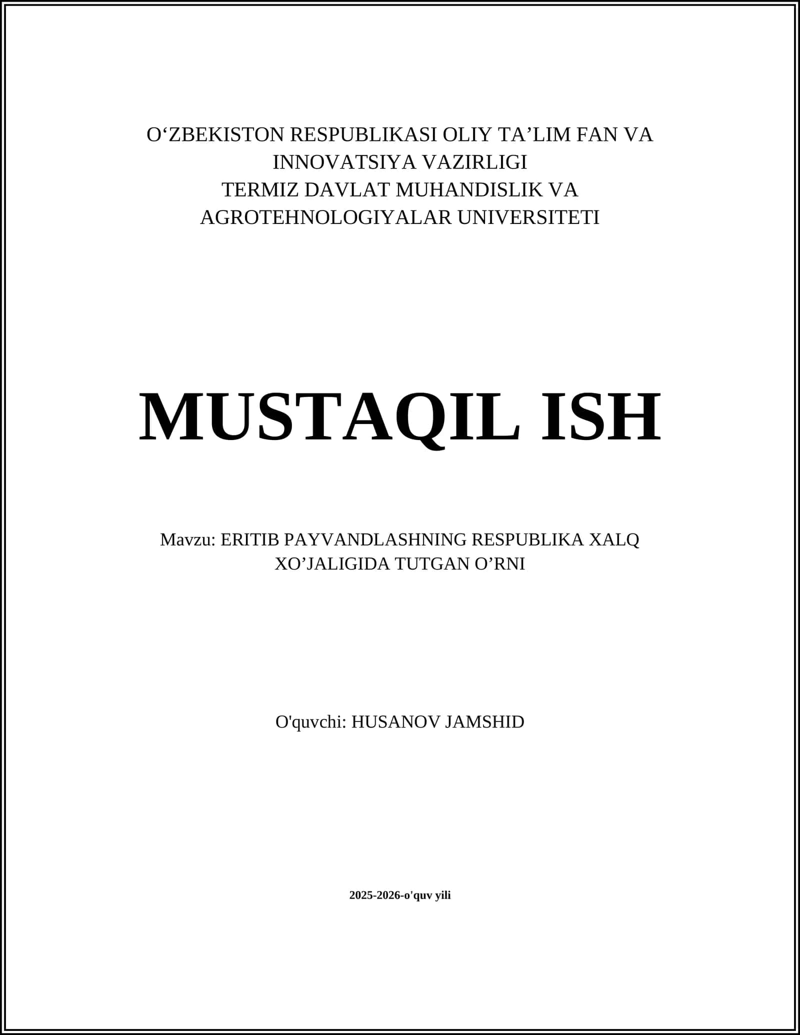ERITIB PAYVANDLASHNING RESPUBLIKA XALQ XO’JALIGIDA TUTGAN O’RNI
