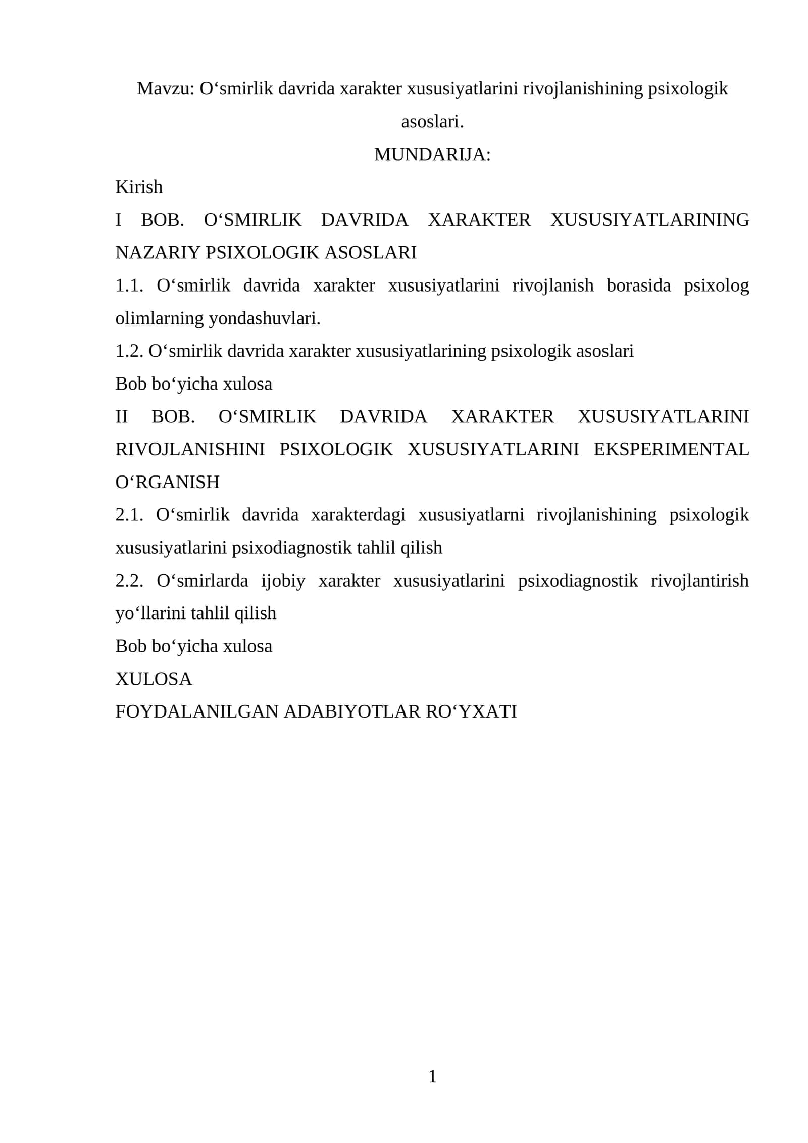Oʻsmirlik davrida xarakter xususiyatlarini rivojlanishining psixologik asoslari