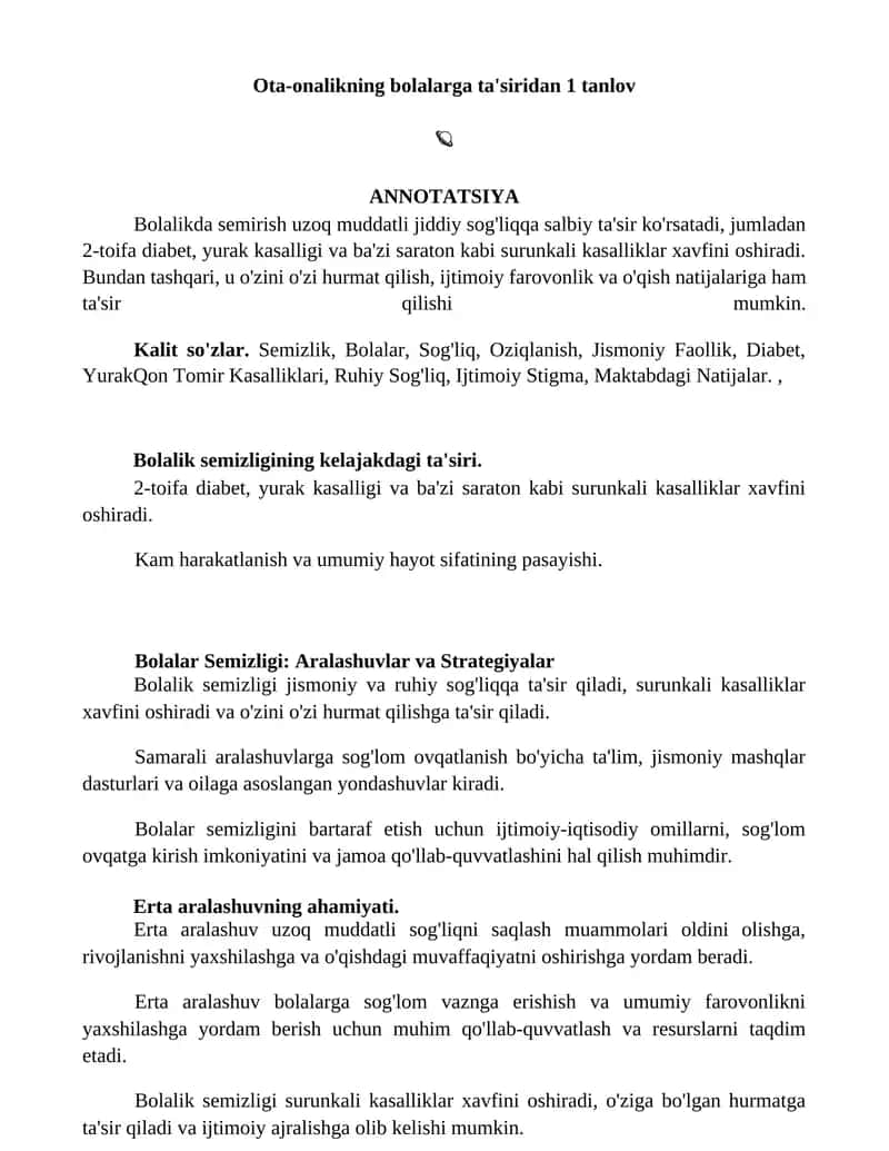 Bolalik semizligining kelajakdagi ta'siri