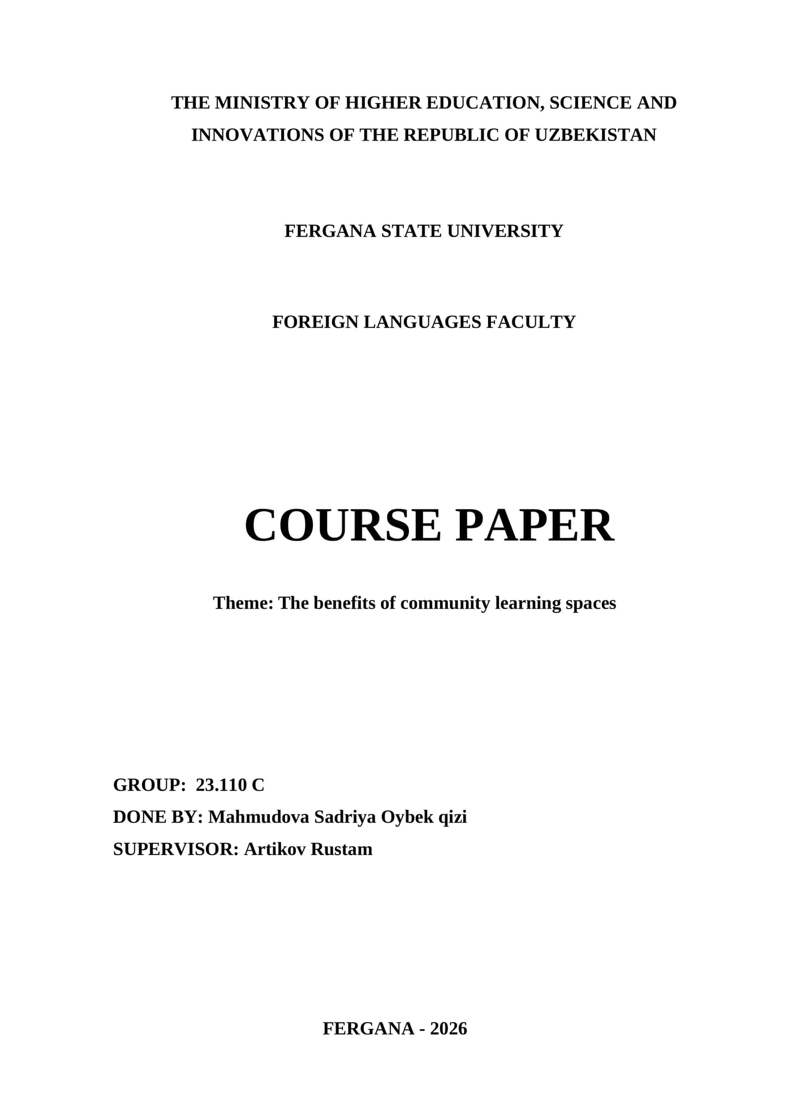 Course Paper on The Benefits of Community Learning Spaces