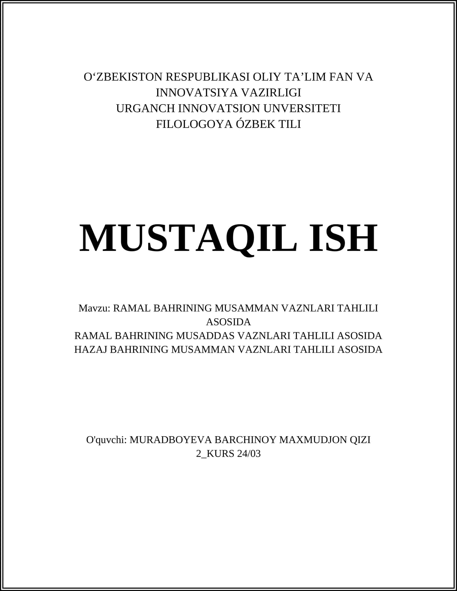 RAMAL BAHRINING MUSAMMAN VAZNLARI TAHLILI