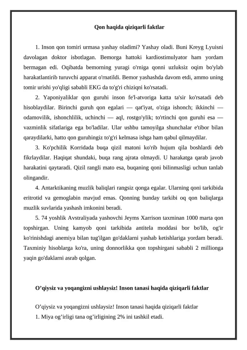 Qon Haqida Qiziqarli Faktlar