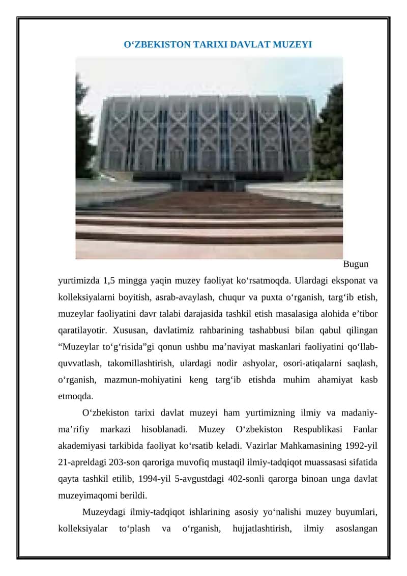 O‘ZBEKISTON TARIXI DAVLAT MUZEYI