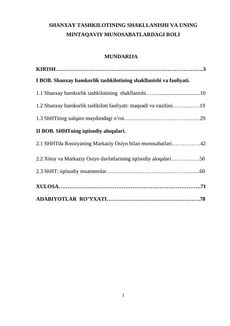 SHANXAY TASHKILOTINING SHAKLLANISHI VA UNING MINTAQAVIY MUNOSABATLARDAGI ROLI