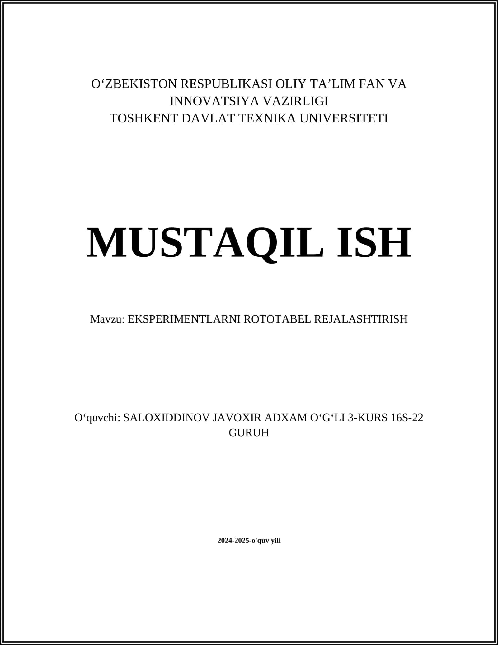 EKSPERIMENTLARNI ROTOTABEL REJALASHTIRISH