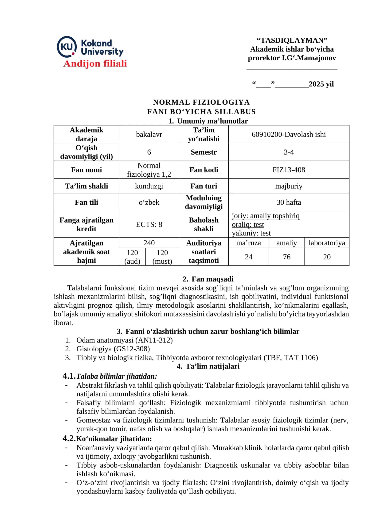 NORMAL FIZIOLOGIYA FANI BO‘YICHA SILLABUS