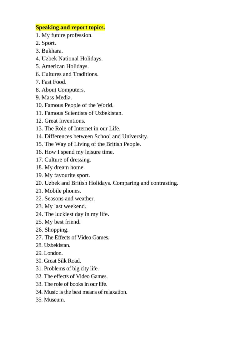 Speaking and report topics
