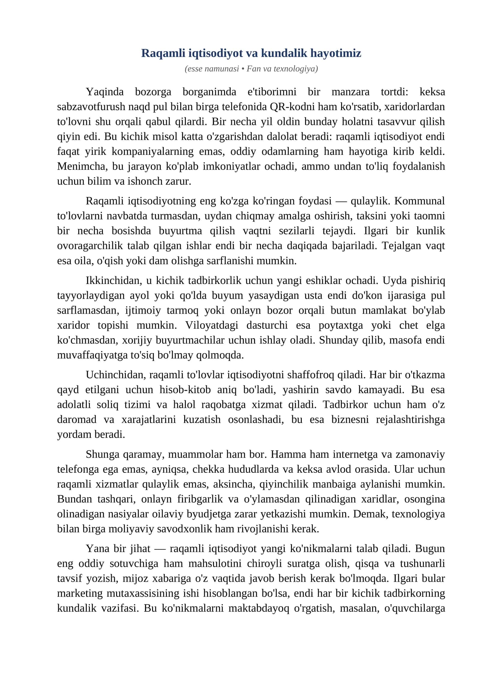 Esse Raqamli iqtisodiyot va kundalik hayotimiz