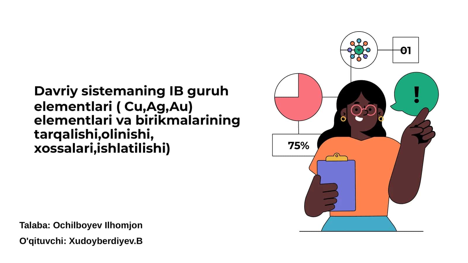 Davriy sistemaning IB guruh elementlari ( Cu,Ag,Au) elementlari va birikmalarining tarqalishi,olinishi, xossalari,ishlatilishi
