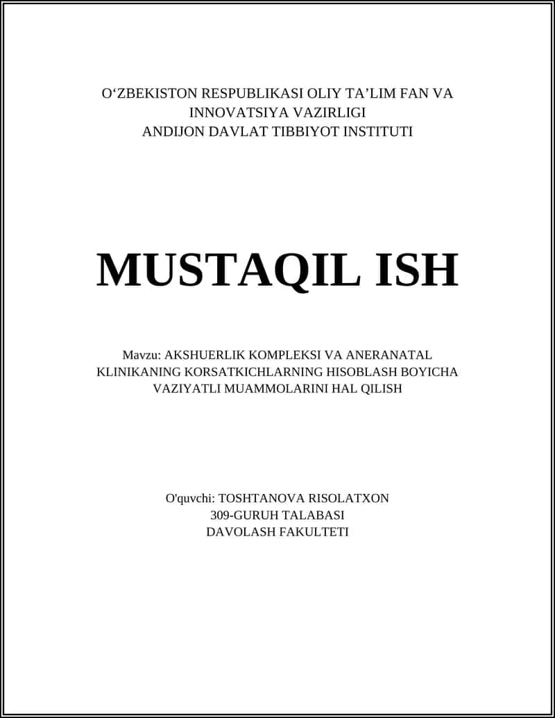 Perinatal o'lim ko'rsatkichlarini hisoblash bo'yicha vaziyatli muammolarini hal qilish