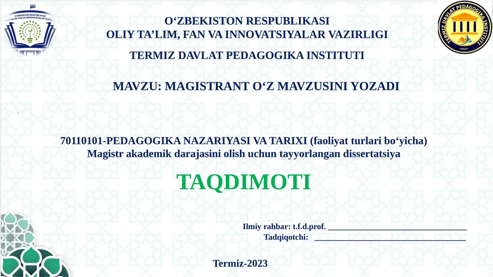 MAGISTRANT O‘Z MAVZUSINI YOZADI
