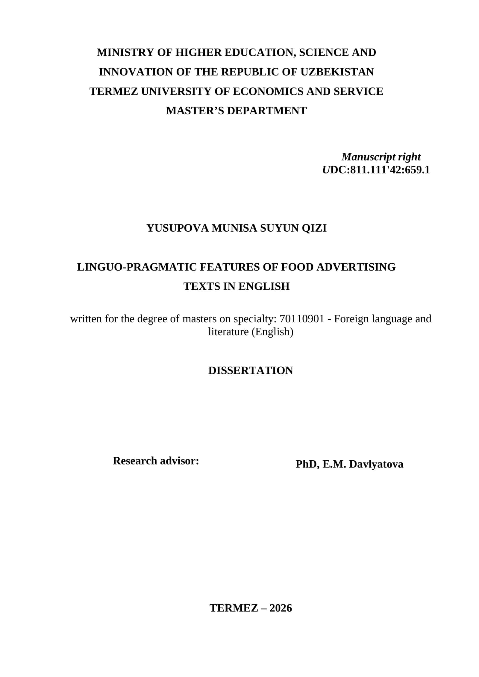 LINGUO-PRAGMATIC FEATURES OF FOOD ADVERTISING TEXTS IN ENGLISH