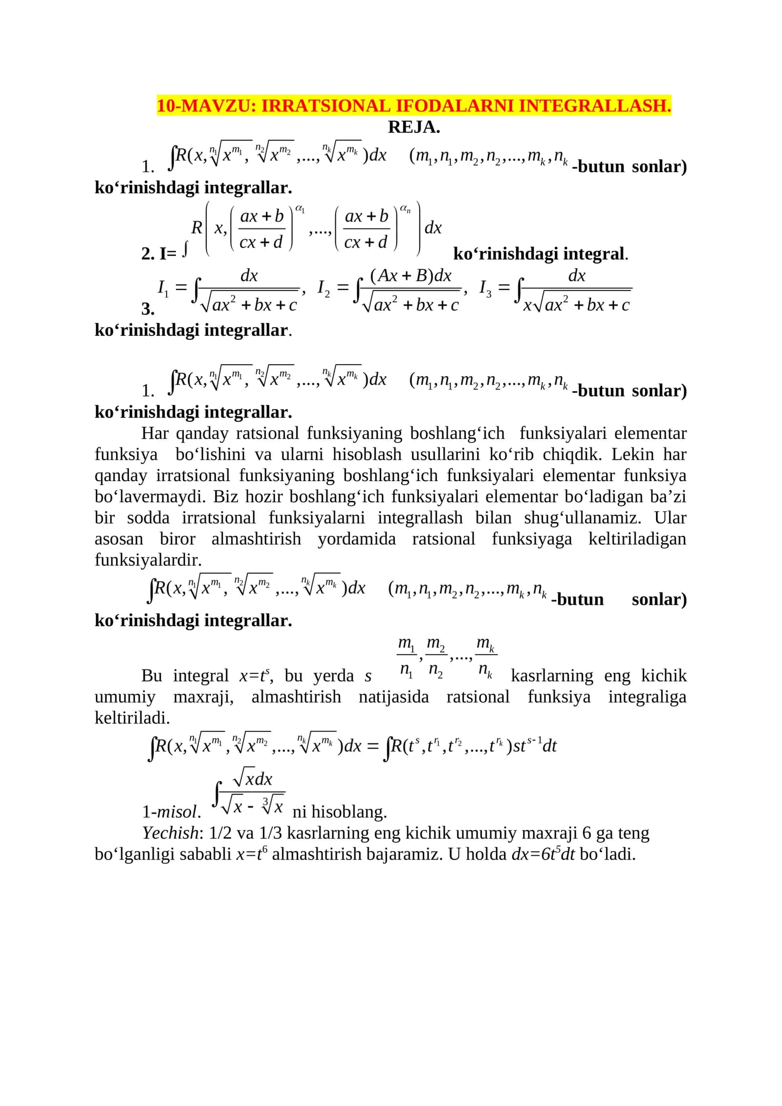 IRRATSIONAL IFODALARNI INTEGRALLASH
