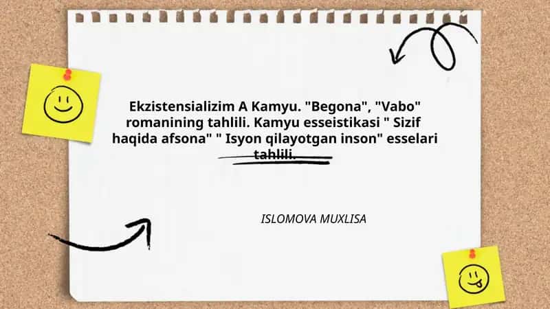 Ekzistensializm A. Kamyu. "Begona", "Vabo" romanlarining tahlili. Kamyu esseistikasi "Sizif haqida afsona", "Isyon qilayotgan inson" esselari tahlili.