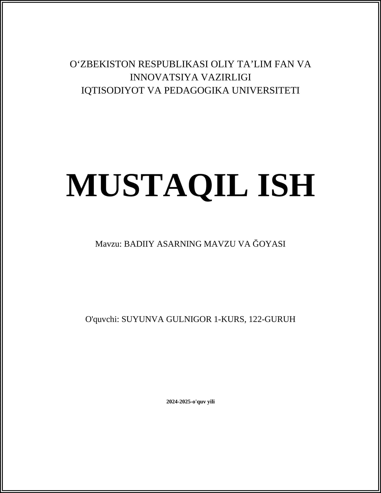Badiiy asarning mazmuni va mohiyati