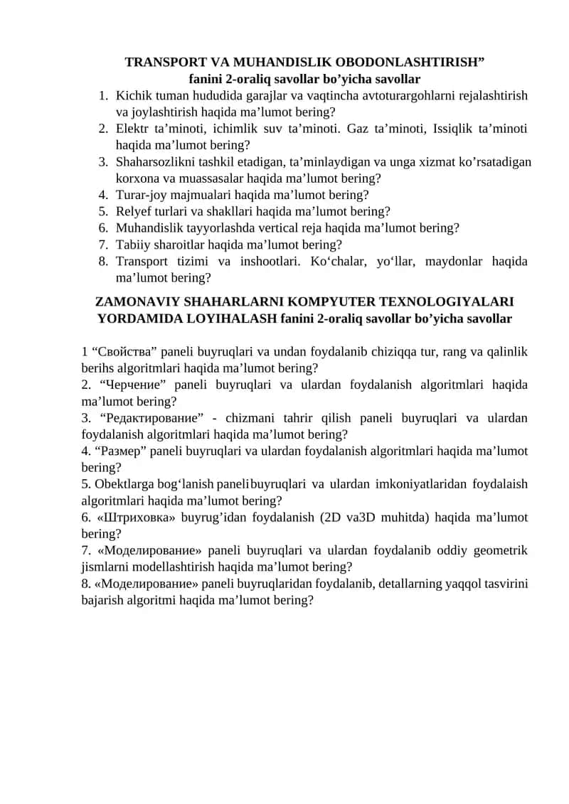 TRANSPORT VA MUHANDISLIK OBODONLASHTIRISH