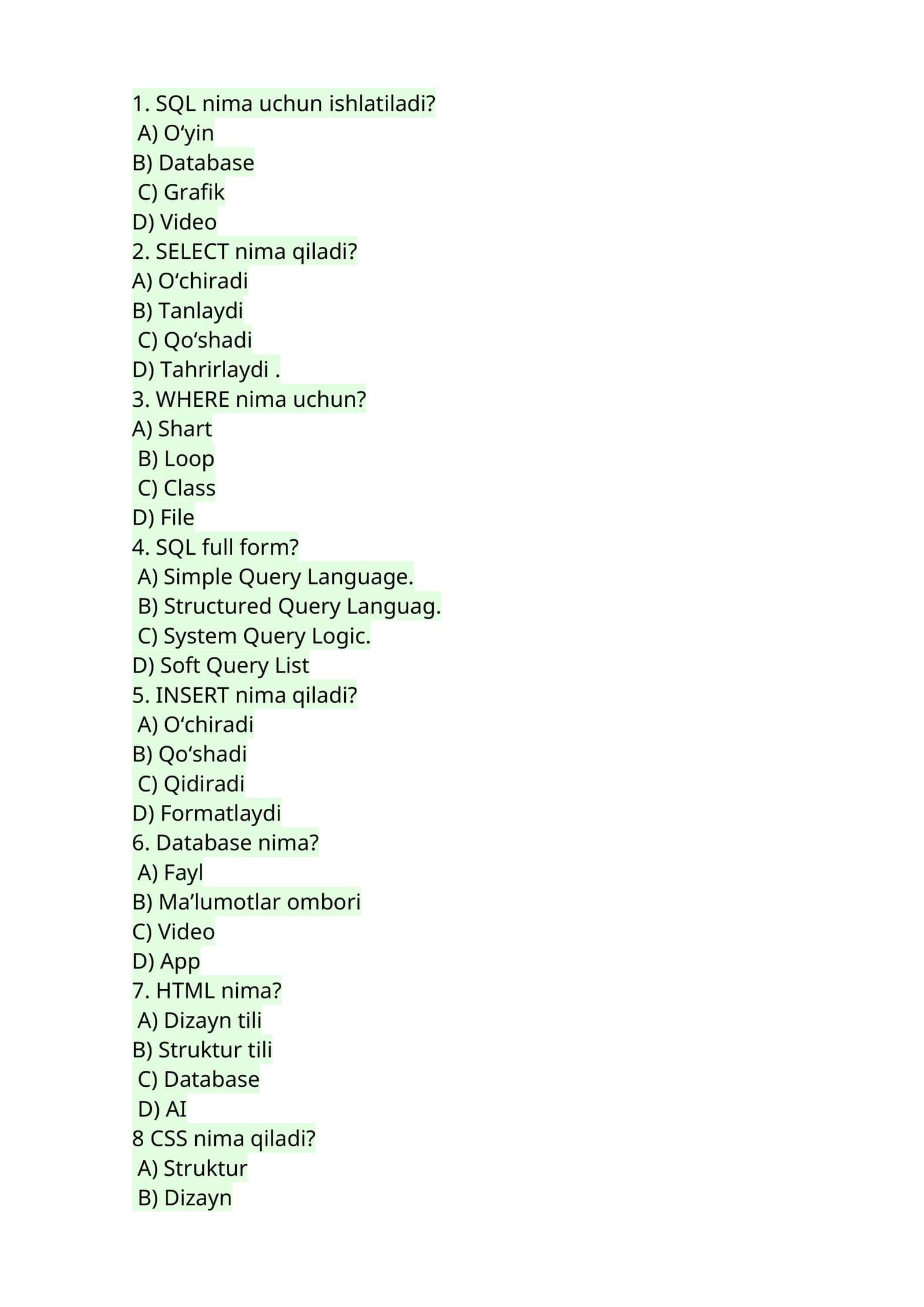 SQL va C++ testlari
