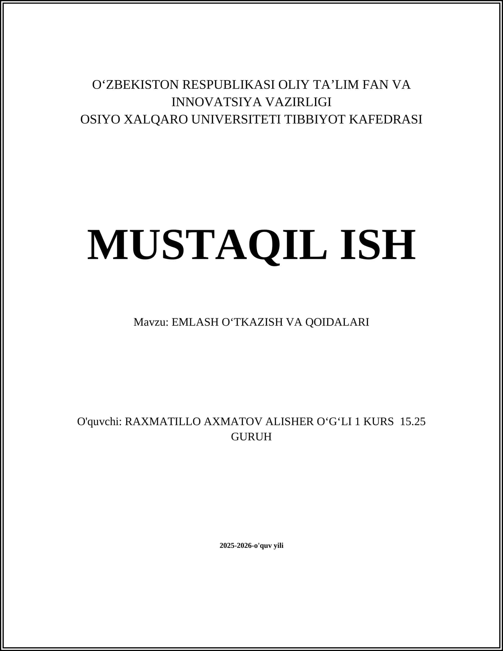 EMLASH OʻTKAZISH VA QOIDALARI