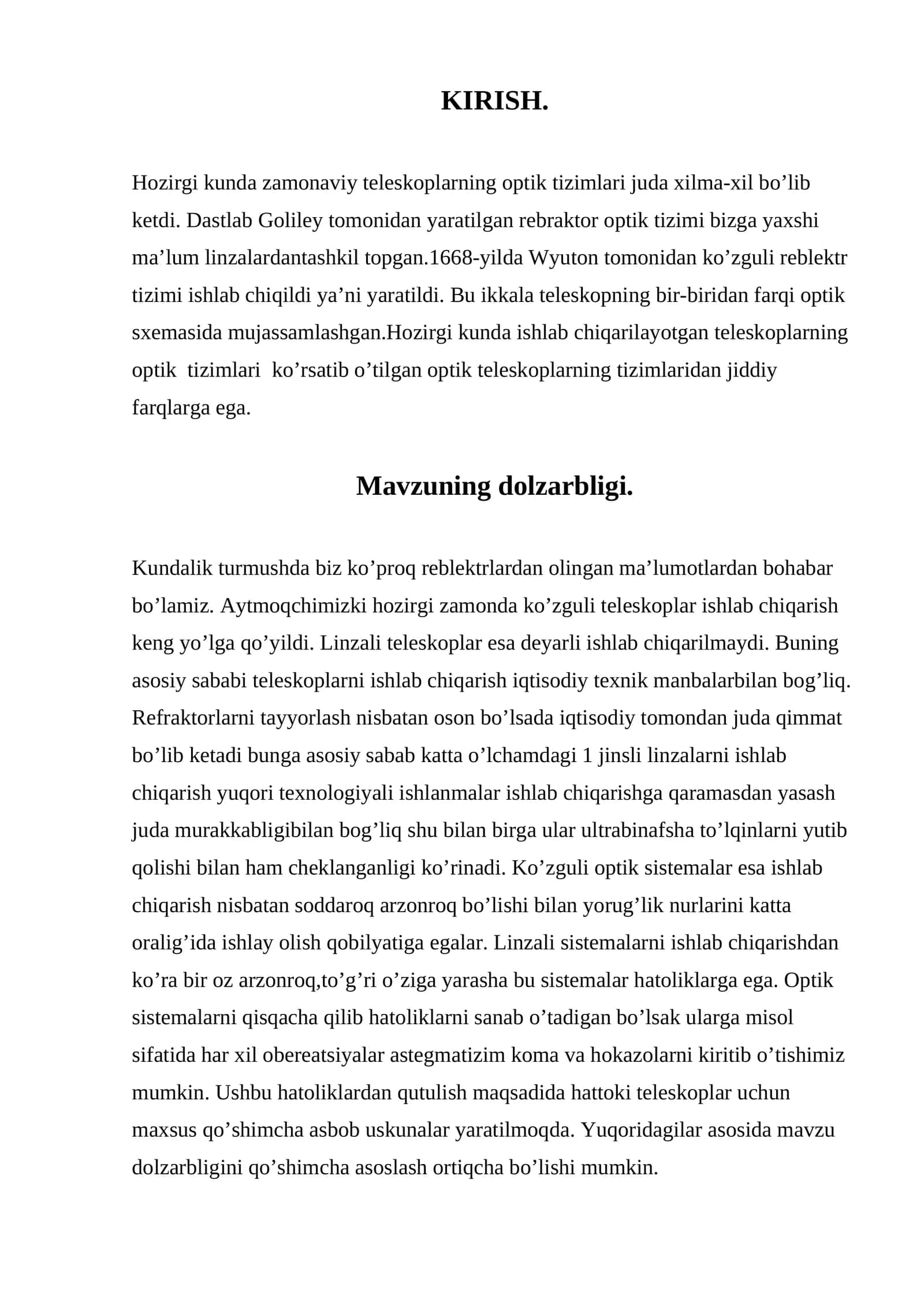Mavzuning dolzarbligi