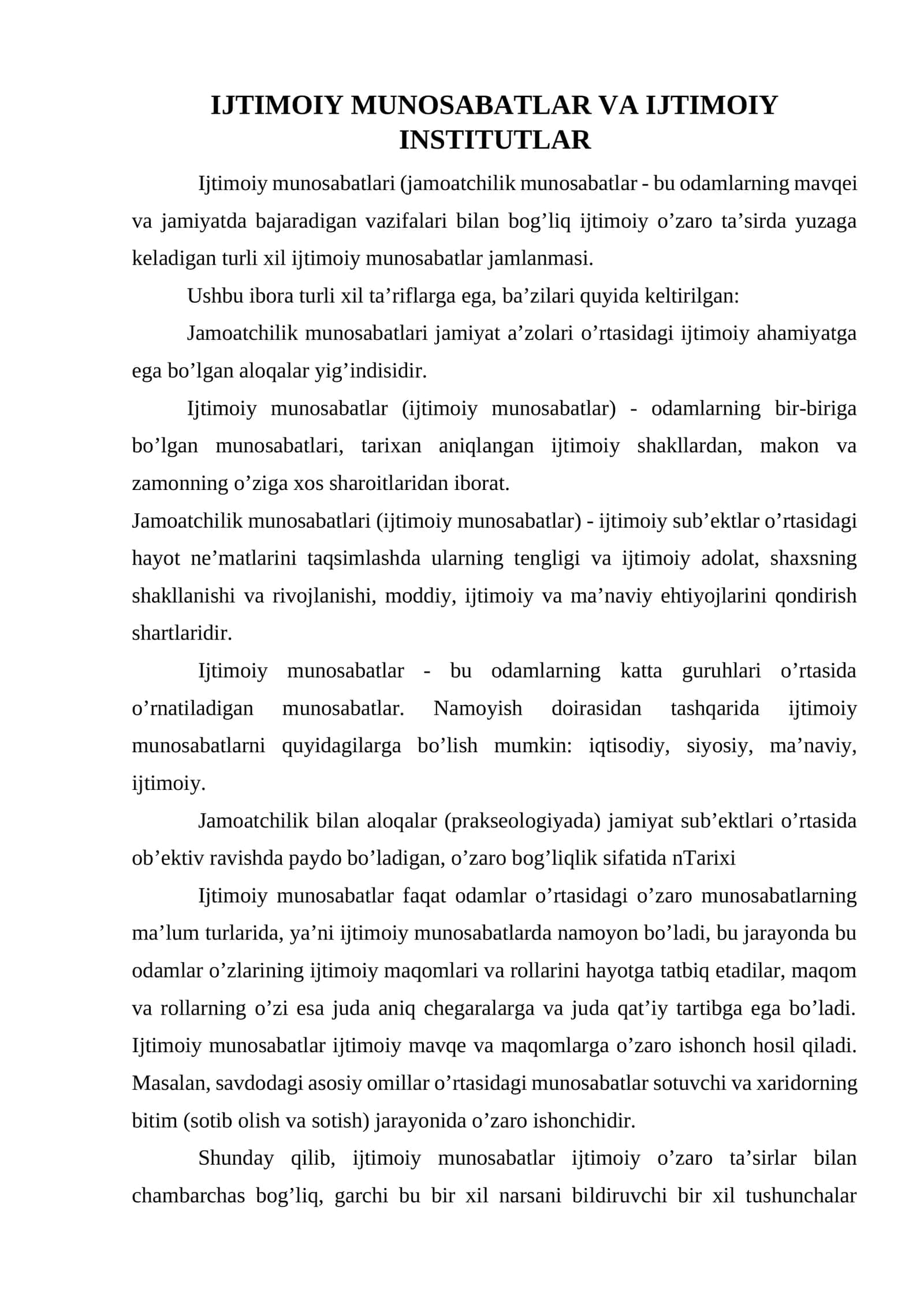 IJTIMOIY MUNOSABATLAR VA IJTIMOIY INSTITUTLAR