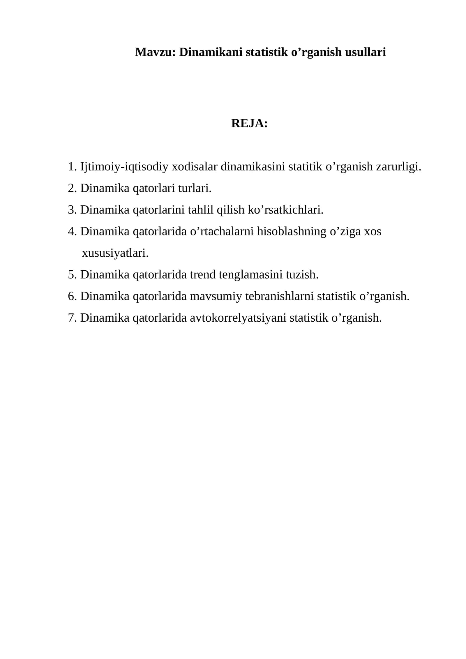 Dinamikani statistik o’rganish usullari