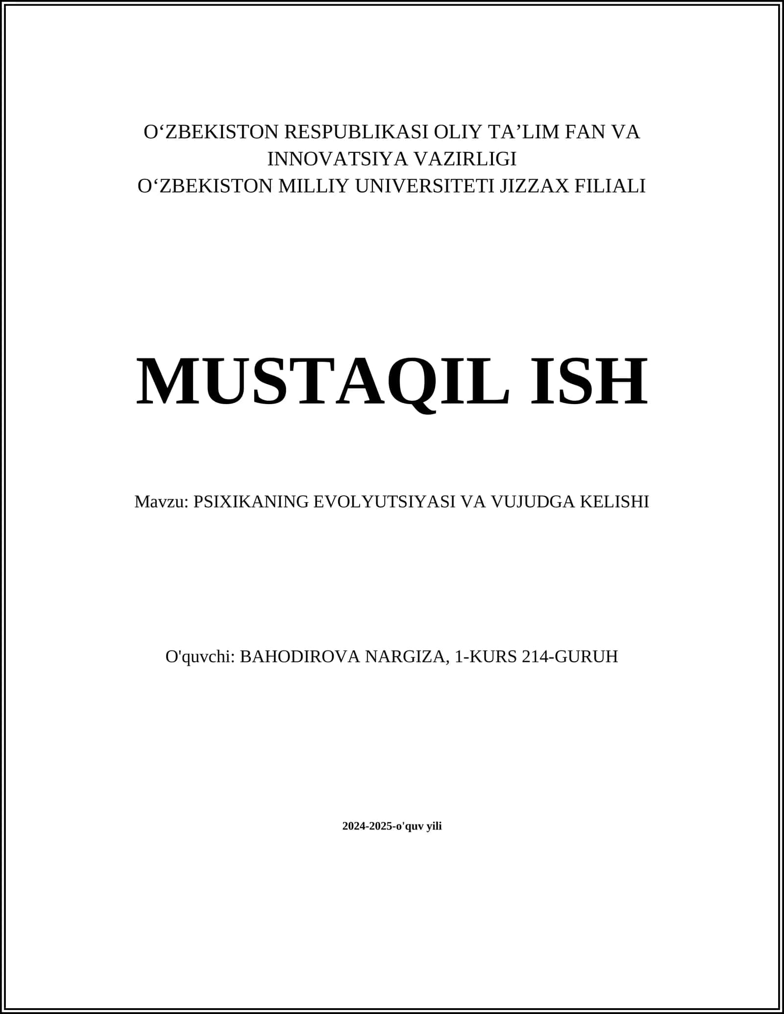 PSIXIKANING EVOLYUTSIYASI VA VUJUDGA KELISHI