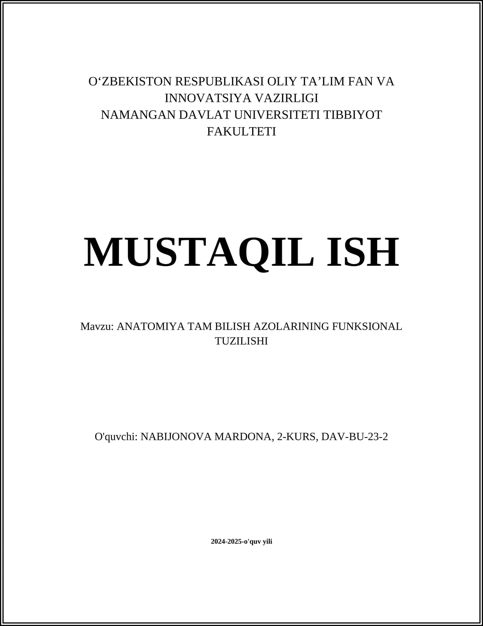 ANATOMIYA TAM BILISH AZOLARINING FUNKSIONAL TUZILISHI