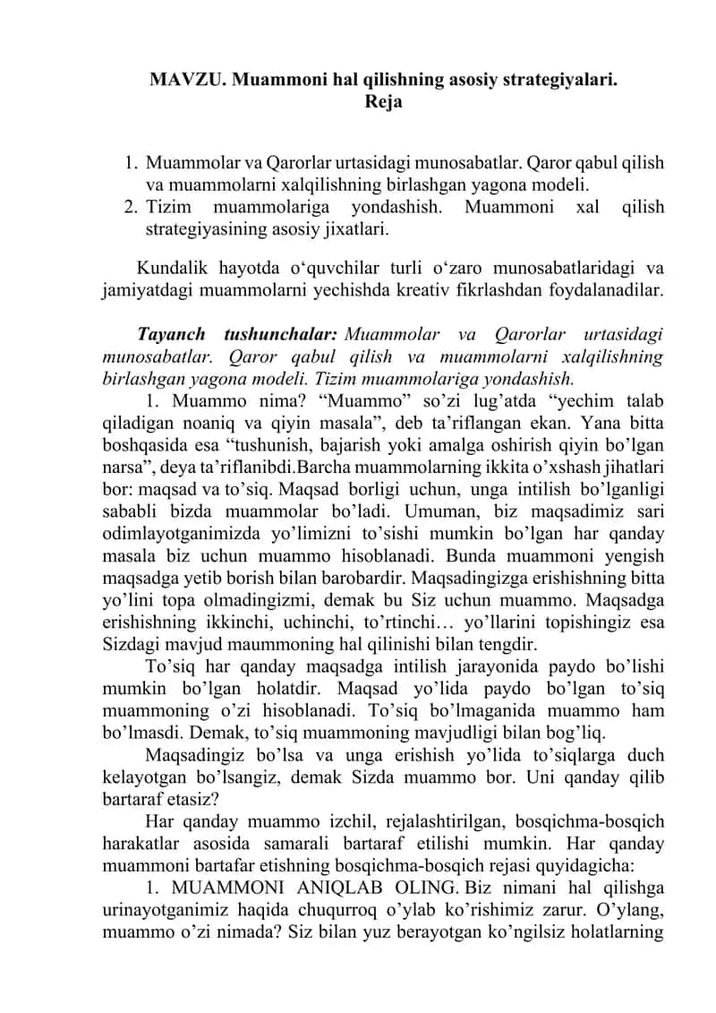 MAVZU. Muammoni hal qilishning asosiy strategiyalari..