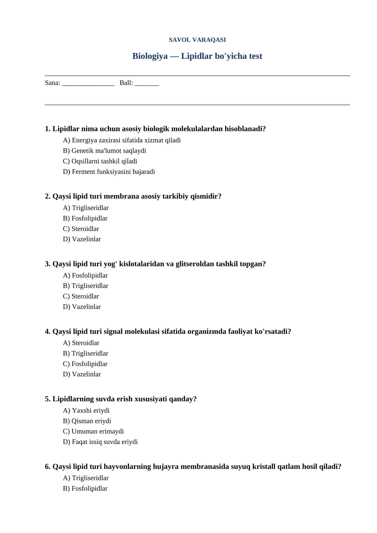 Lipidlar bo'yicha test