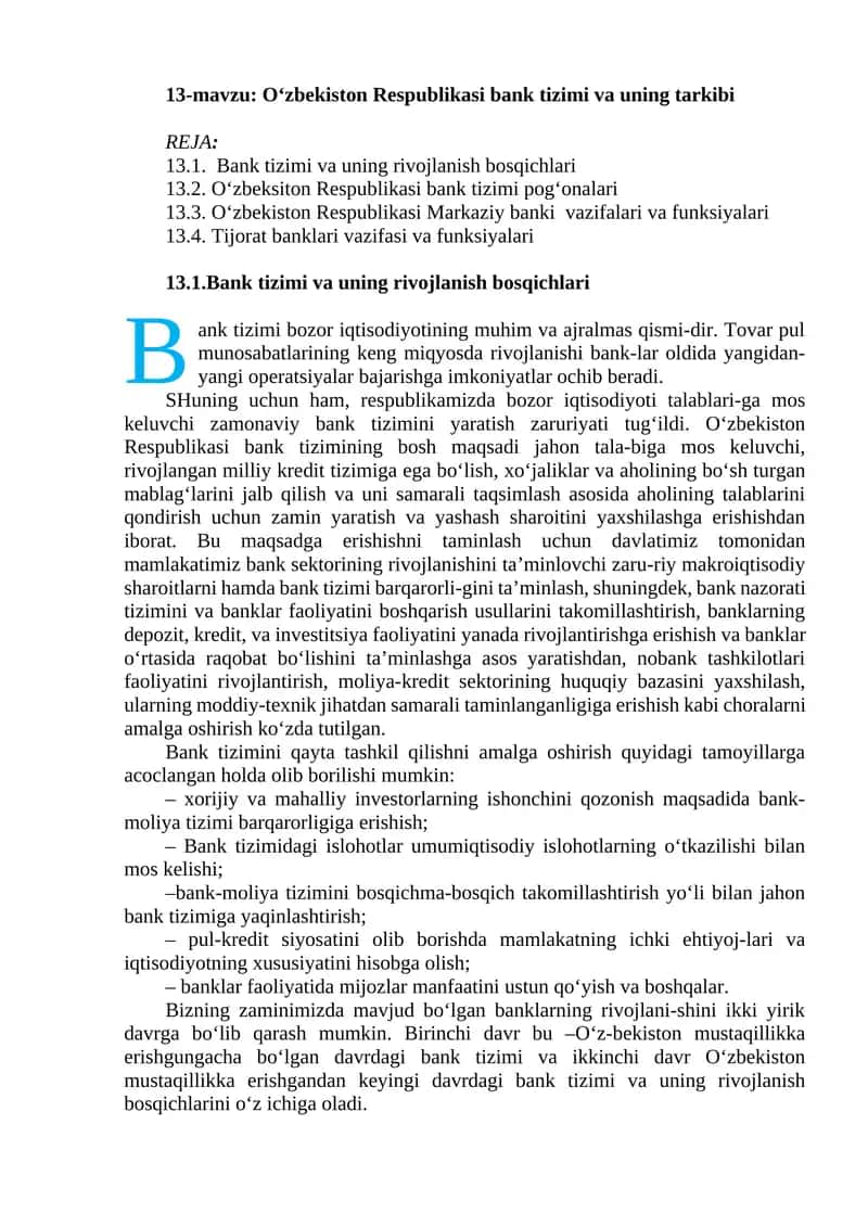 Oʻzbekiston Respublikasi bank tizimi va uning tarkibi