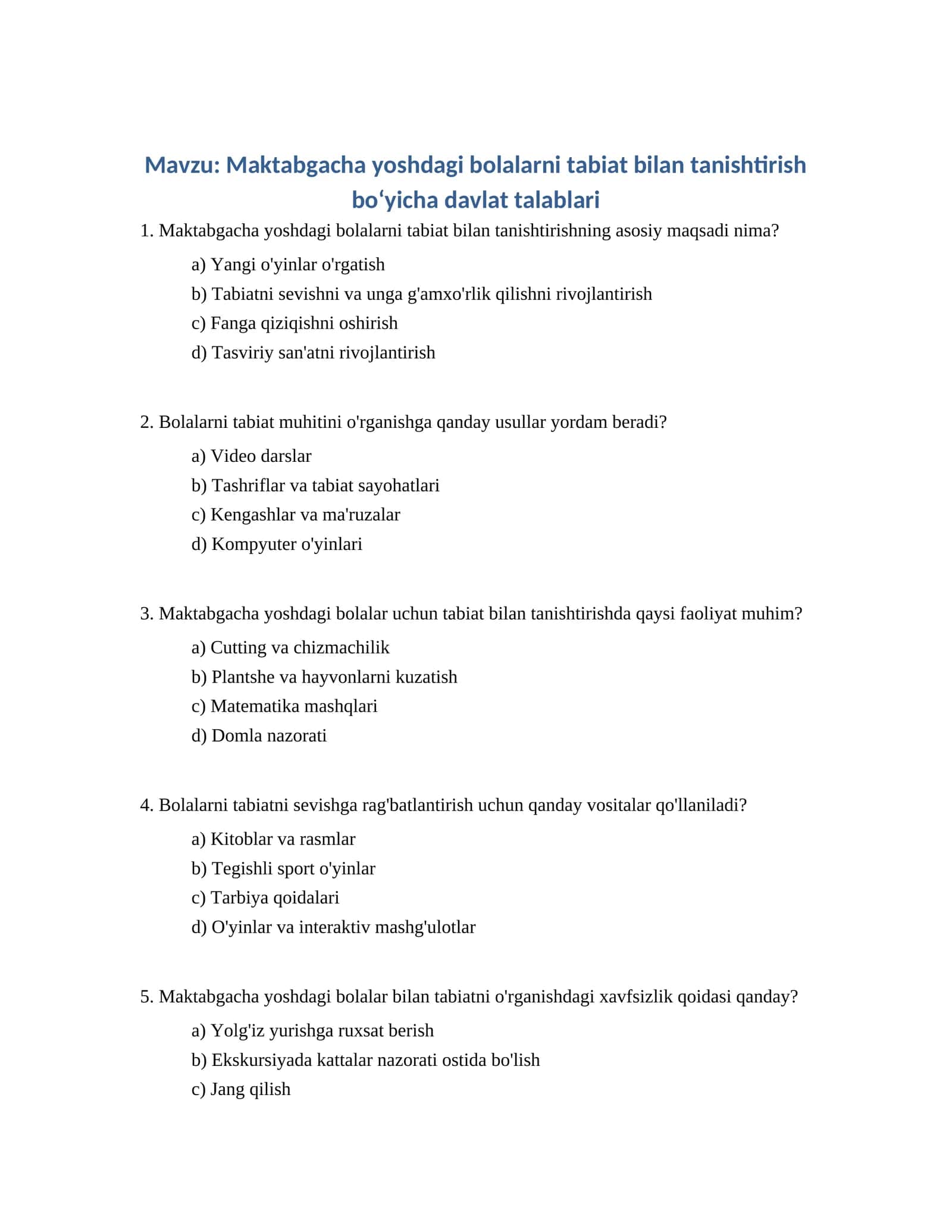 Maktabgacha yoshdagi bolalarni tabiat bilan tanishtirish boʻyicha davlat talablari