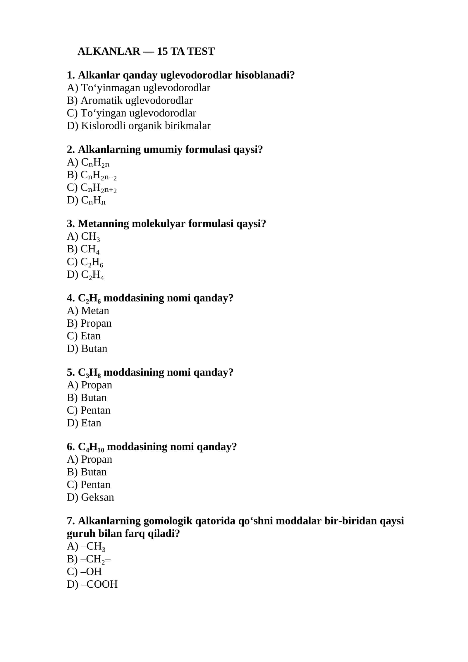 Alkanlar — 15 Ta test
