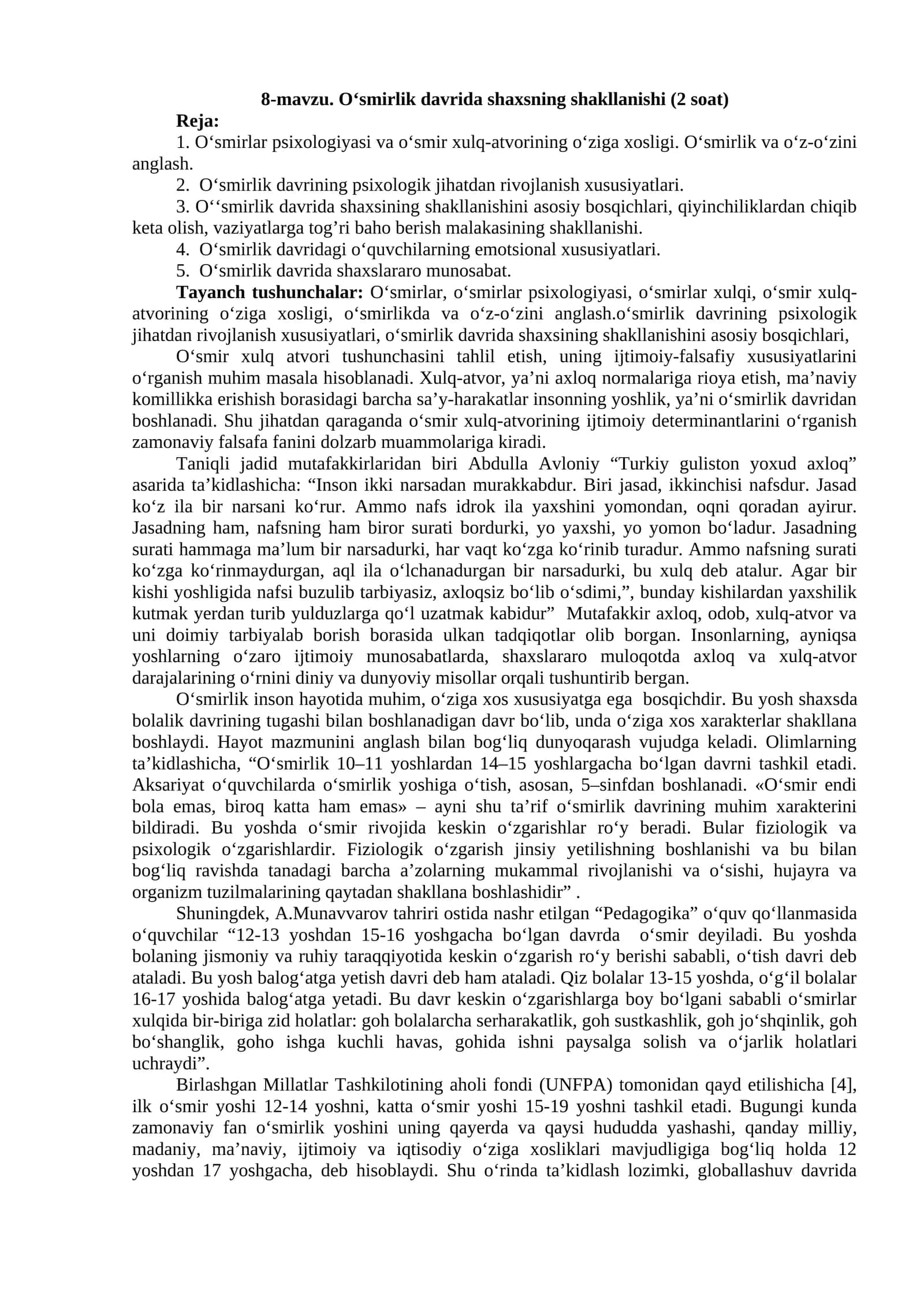 8-mavzu. O‘smirlik davrida shaxsning shakllanishi
